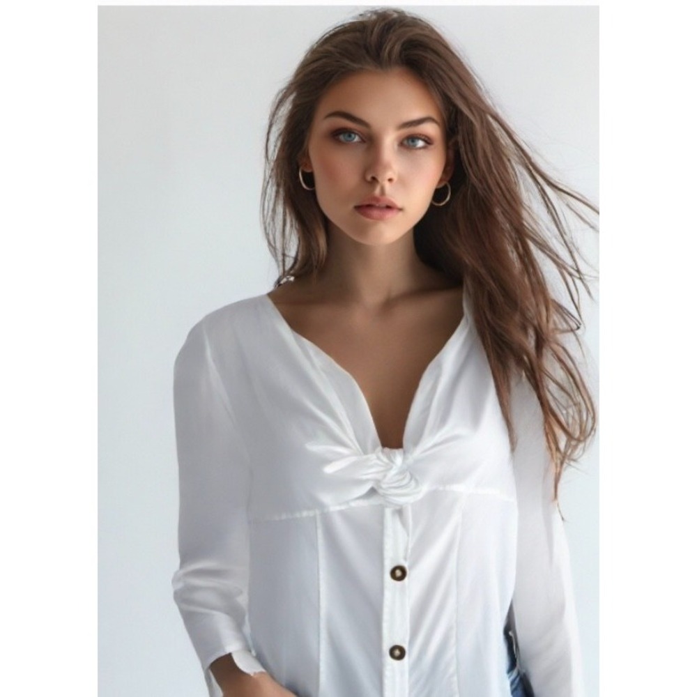 Maeve Top Button Up Bow V-Neck 3/4 Sleeve Linen Blend White Size 0 X-Small